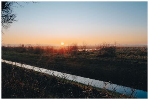A foggy winter sunset above a field. The grass is frosted over but still green, and the ditch in the foreground is still, reflecting the sky. In the background, the sun is blazing in deep oranges over a fog-pale hill range.