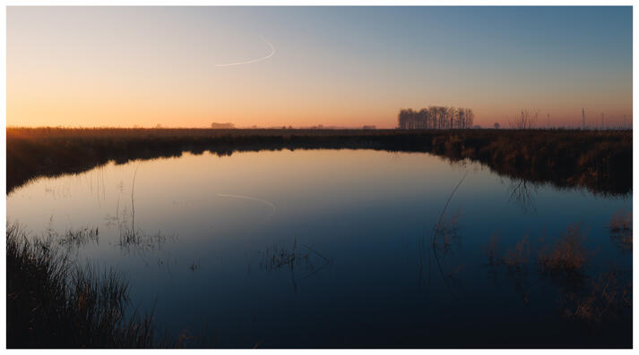 A foggy winter sunset above a pond. The pond itself is still and clear, reflecting the gradient of the sky as it goes from a dark blue to pastel oranges and reds. The trees in the background are pale from the fog.